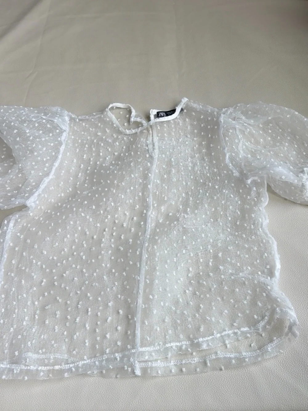 Zara White Sheer Swiss Dot Puff Sleeve Blouse for Kids